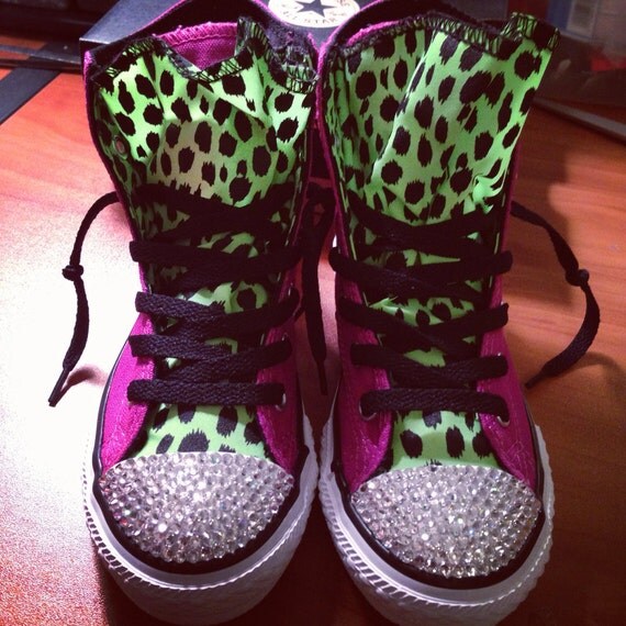 Items similar to Cheetah print Neon green Bling converse on Etsy
