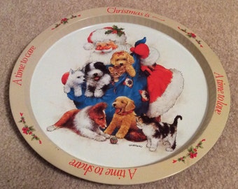 REDUCED Vintage Giordano GIFTCO 1991 Christmas Santa and Pets Serving Tray
