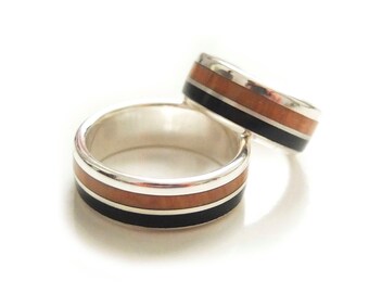 Wood Wedding Bands Ebony Wood Rings, Juniper Wood and Silver Sterling Rings / wood wedding band