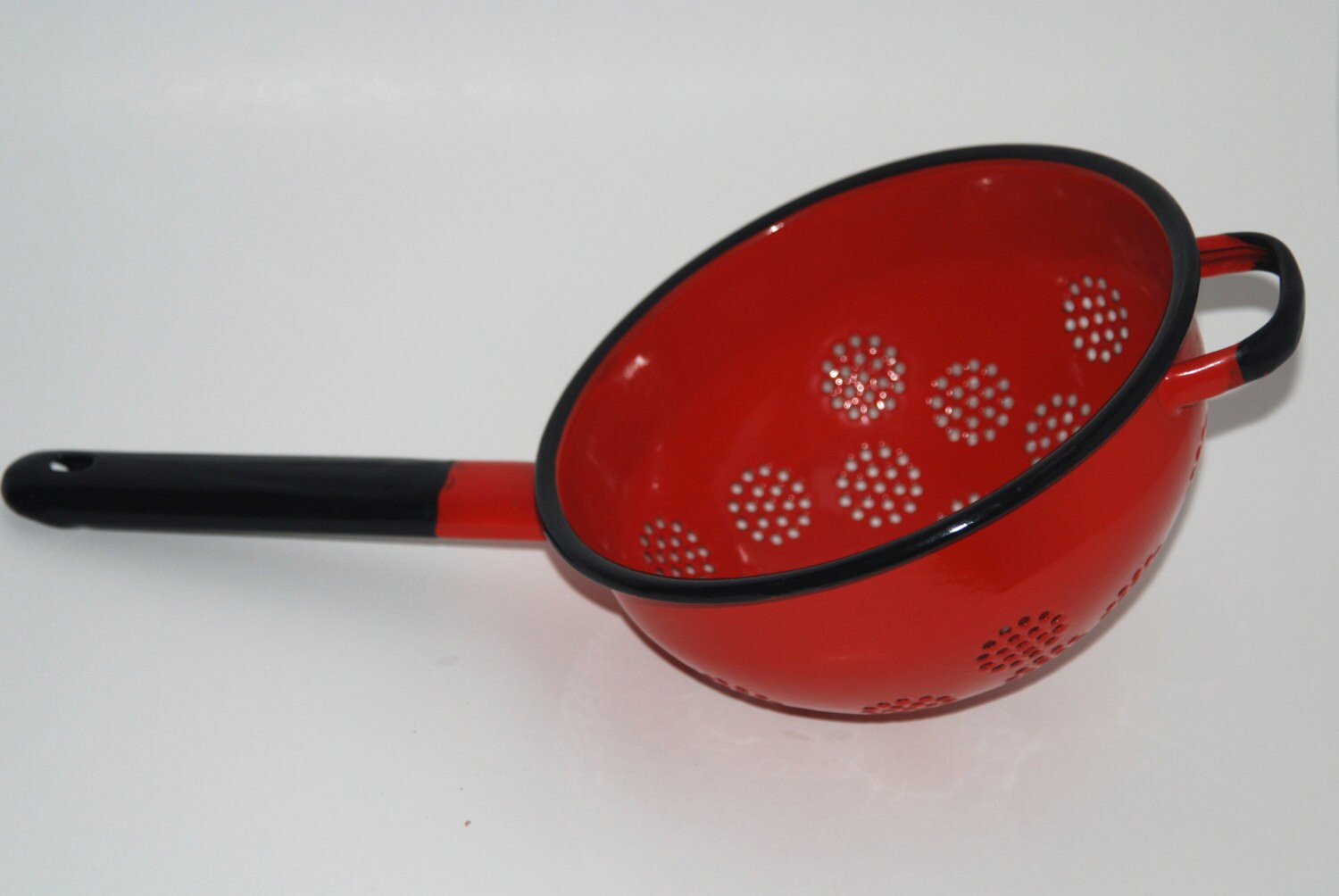 Vintage Red Enamel Colander with Long Handle Enamelware