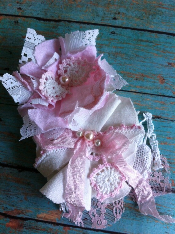 Shabby Chic Headband/ Pink & White/ Linen and Lace/ Womens Brooch/ Girls Headband/ Baby Headband/ Bridal Flower/ Flower Corsage/ Applique