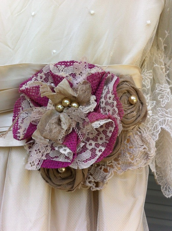 Violet Purple, Mocha, Ivory/ Burlap, Lace, Linen/ Rustic Wedding/ Bridal Flower/ Dress Sash Embellishment/ Womens, Girls Headband/ Brooch