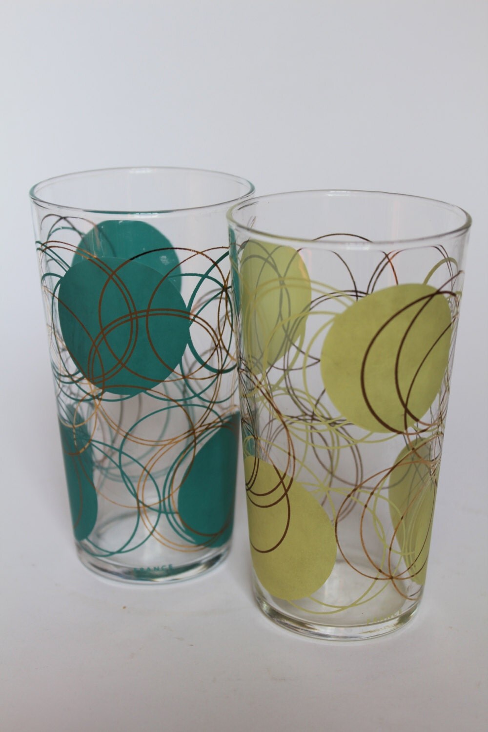 Pair Of Retro Drinking Glasses Atomic Swirl Pattern Teal
