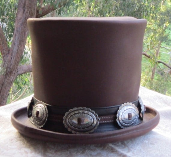 Brown leather hand crafted Guns n' Roses Slash style Deluxe Top Hat / Stovepipe Hat with concho hat band by Cobbcoleather steampunk buy now online