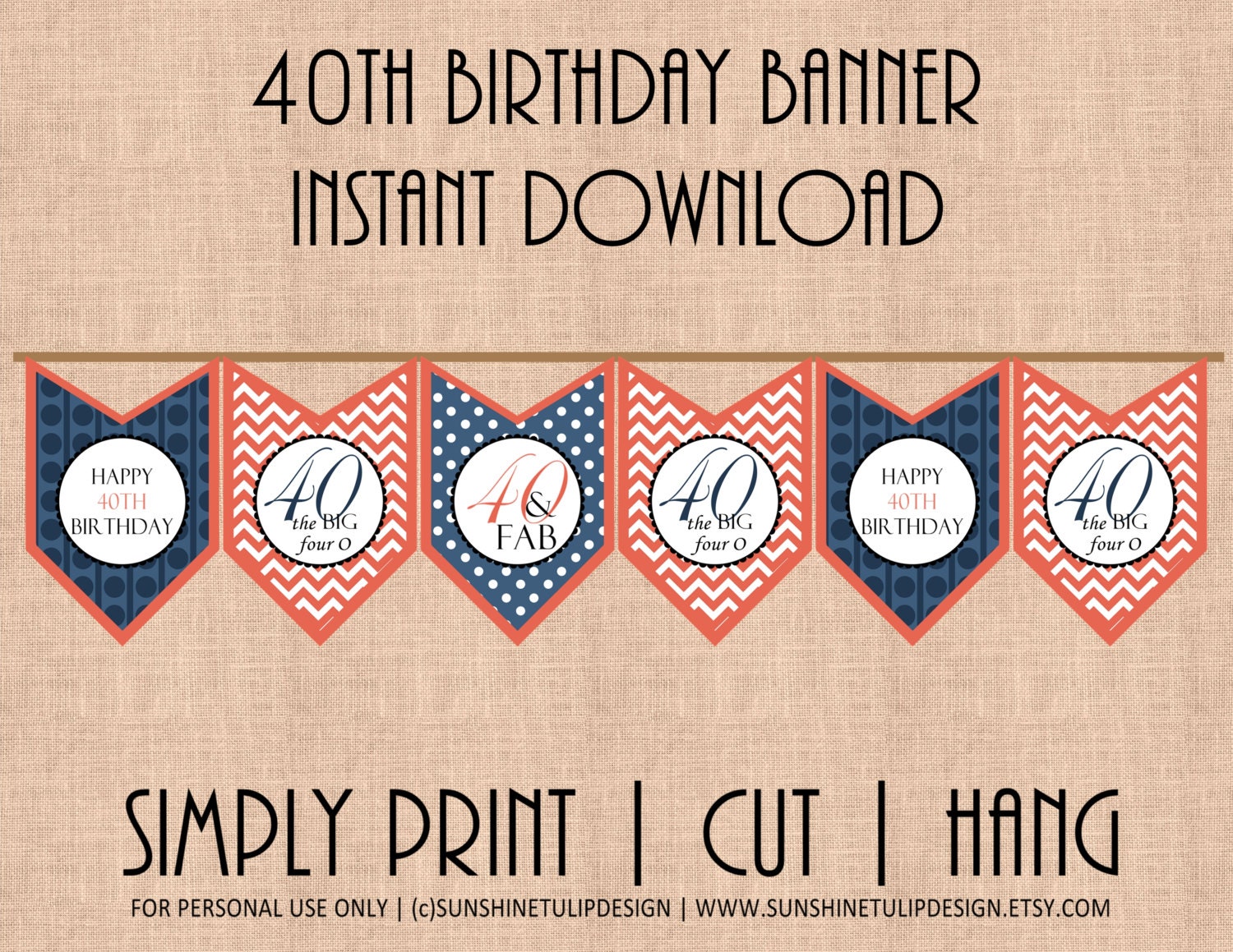 40th Birthday PRINTABLE Banner Coral and Navy Blue Chevron and