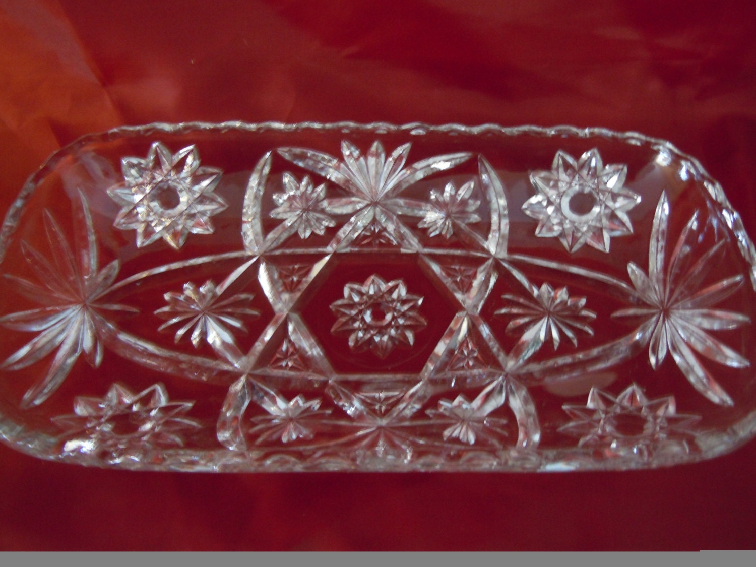 Vintage Early American Prescut Crystal Rectangular Serving Dish Tray Haute Juice