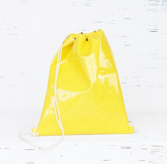 Drawstring Backpack. Summer Beach Sack in Yellow Patent Leather. Urban Style. Cinch Bag for Men, Women & teens