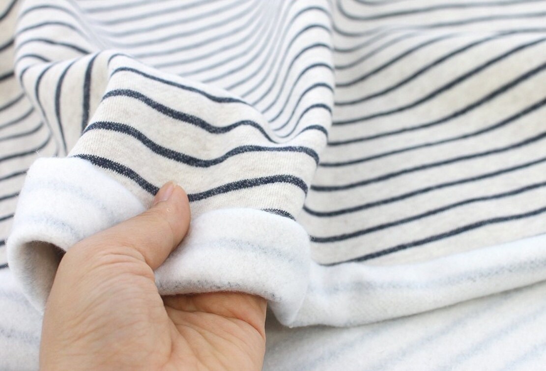 Brushed French Terry Knit Fabric Navy Stripe