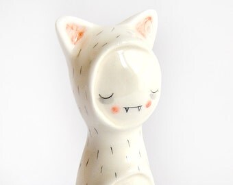 Special Halloween. Little Vampire Figure of Ceramic, with his Cat Sleepwear. Ready To Ship