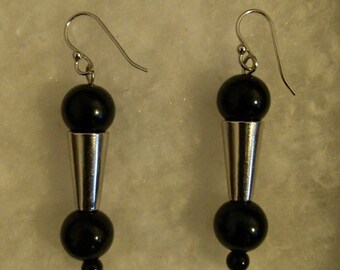 Modern Black and Silver Beaded Dangle Earrings