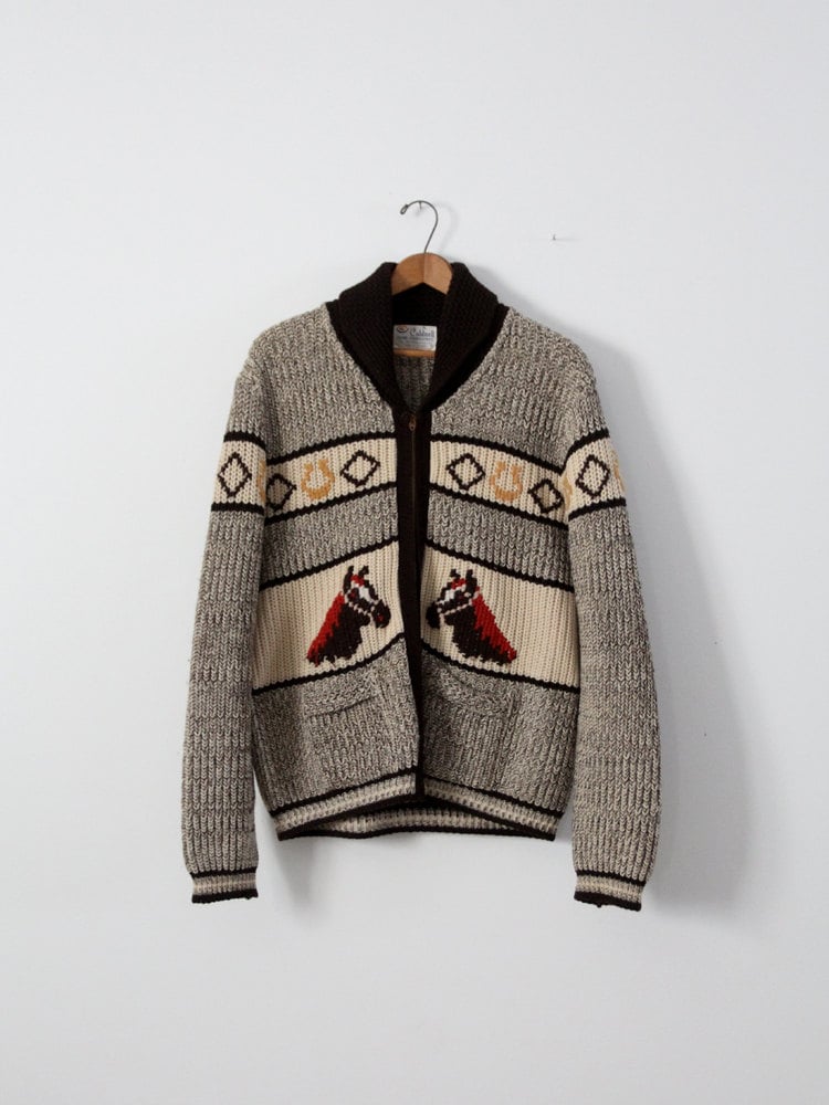 vintage horse sweater 1950s A Caldwell chunky knit cardigan