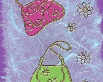 Handmade cards featuring 2 handbags on mulberry silk paper.