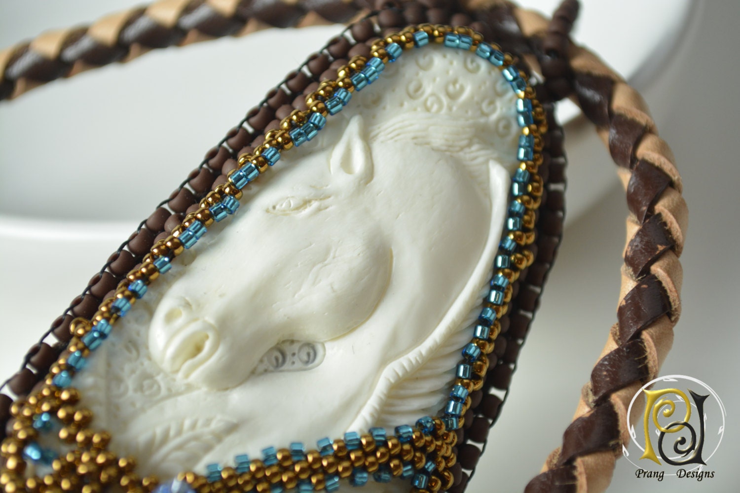 Horse necklace bead embroidery horse necklace carved bone