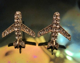 Gold Airplane Earrings - Stud Earrings - Rhinestone Airplane Earrings - Airplane Earrings - Airplane Jewelry