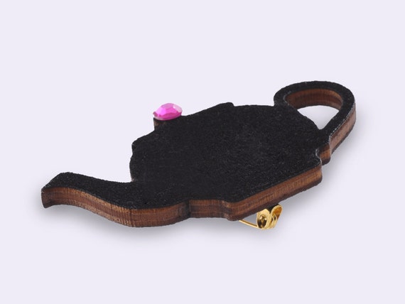 Velvet Teapot Wood Brooch  Black Wood Pin by Mirshkastudio on Etsy