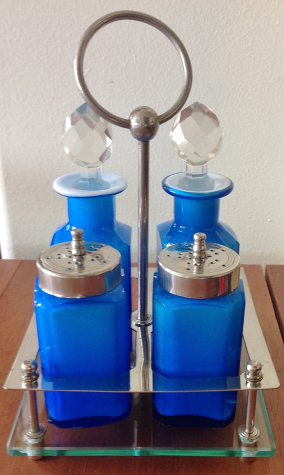 Antique Blue Cased Glass Cruet Set with Caddy by SheridansBoutique