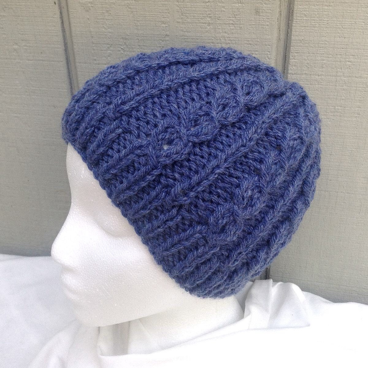 Knitted blue wool beanie Hand knit beanie Womens wool