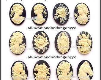 12 Assorted/Mixed Styles Ivory color on Black 25mm x 18mm Resin CAMEOS Lot B for Making Costume Jewelry