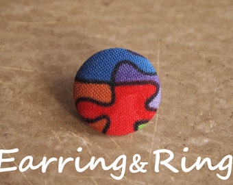 Multicolor puzzle piece fabric covered button earrings, fabric covered button clip on earrings, fabric covered button ring