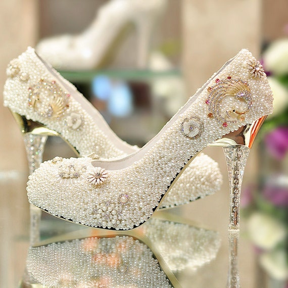 Ivory pearl wedding shoes wedding heels-Crystal bridal heels-Custom ...