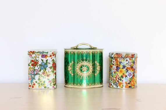 Vintage Set of Biscuit Tins - Rose Flower Floral - England - Decorative Storage - Vases - Candle Making - Wedding Nursery Decor - Kitchen