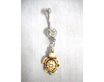 Carved Ivory White Bone Bead Ocean Life Pacific Honu Endangered SEA TURTLE Charm on 14g Clear CZ Belly Ring Navel Bar Aloha Body Jewelry