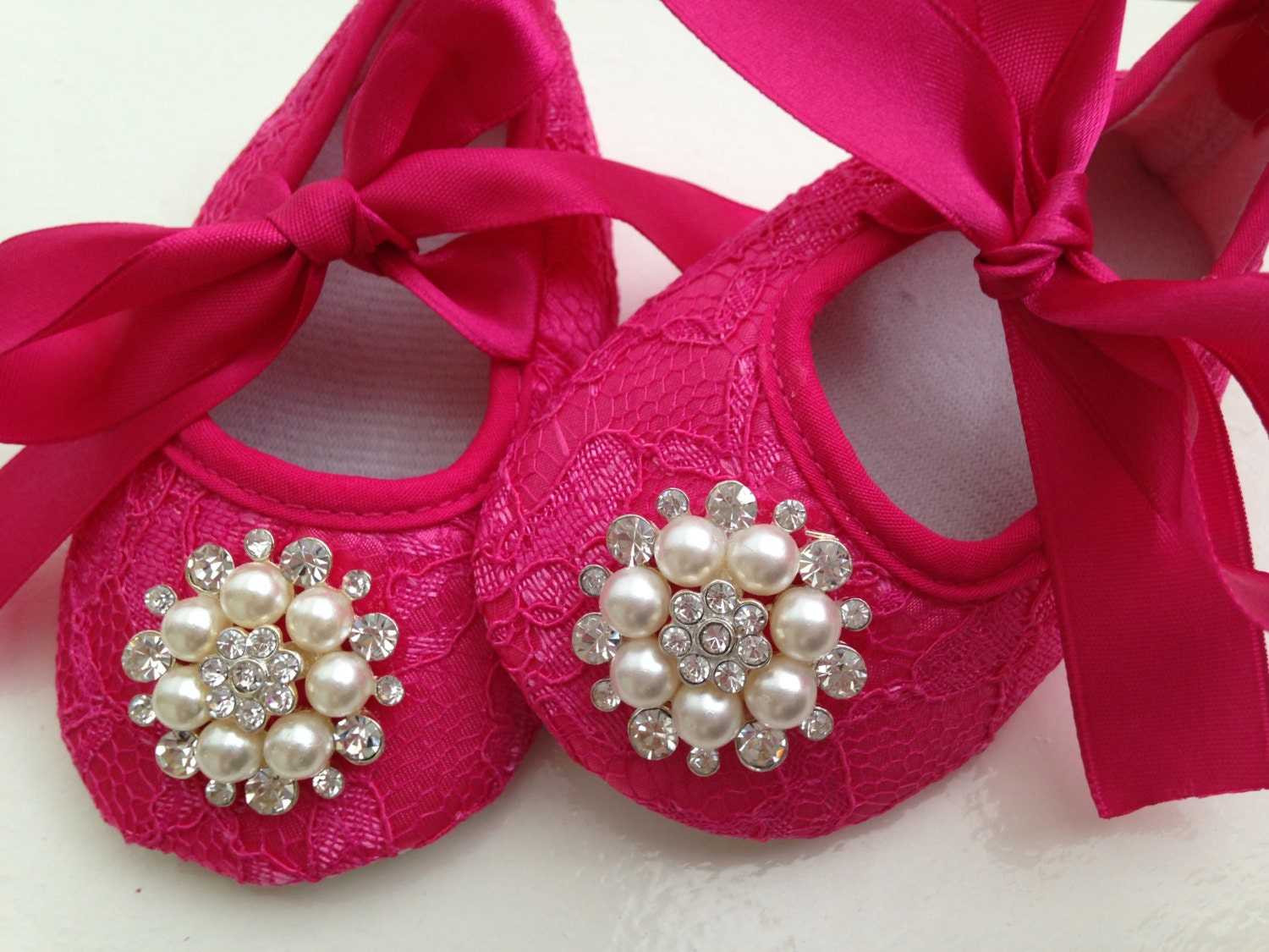 Hot pink lace baby shoes newborn pink shoes rhinestone crib