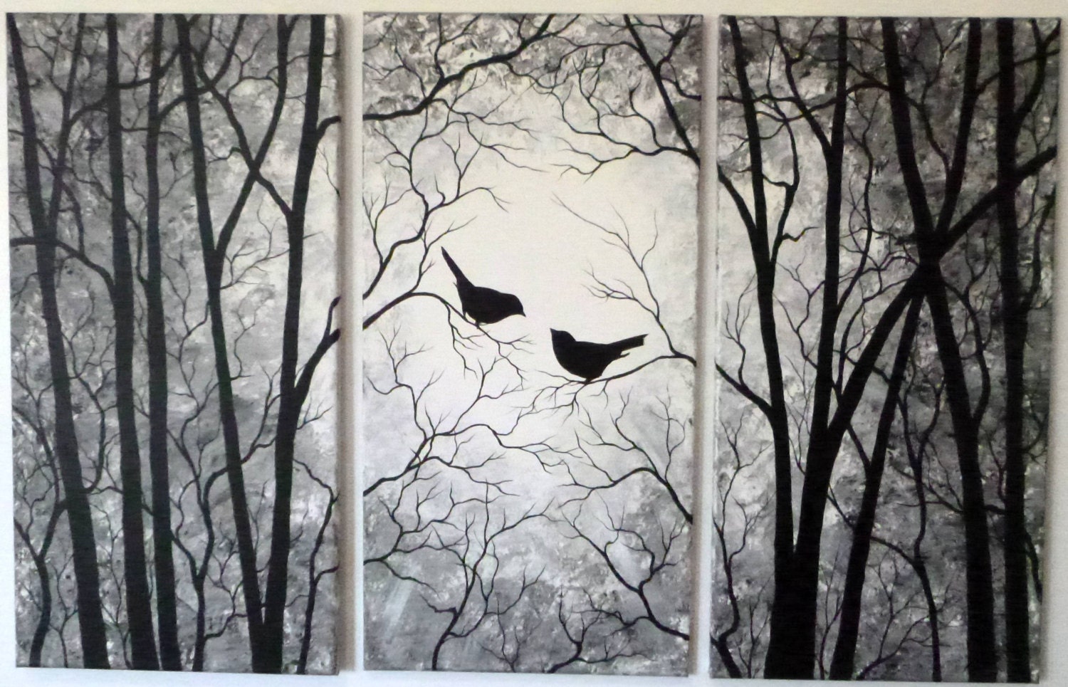 3 Piece set Wall Art Birds on Trees in Black and White. Three
