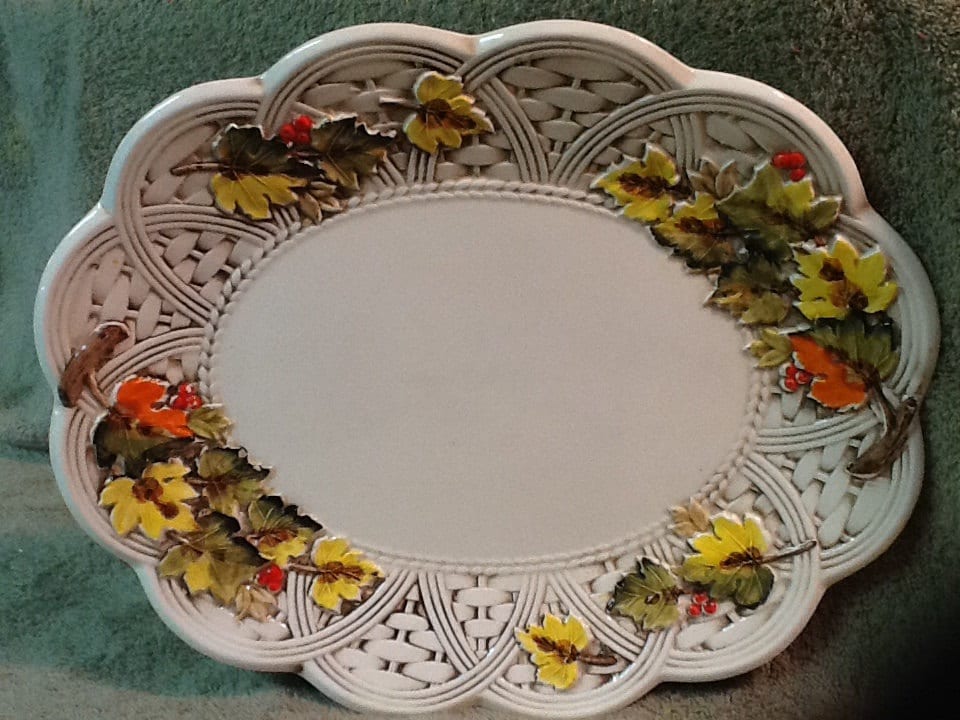 Vintage Ceramic Platter Pottery Yellow Green Orange Leaves A Very Large 14 1/2″ X 12 1960’s Mint