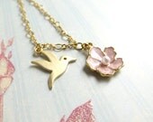Gold Hummingbird Necklace Floral Bird Necklace Pink Enamel Flower Necklace
