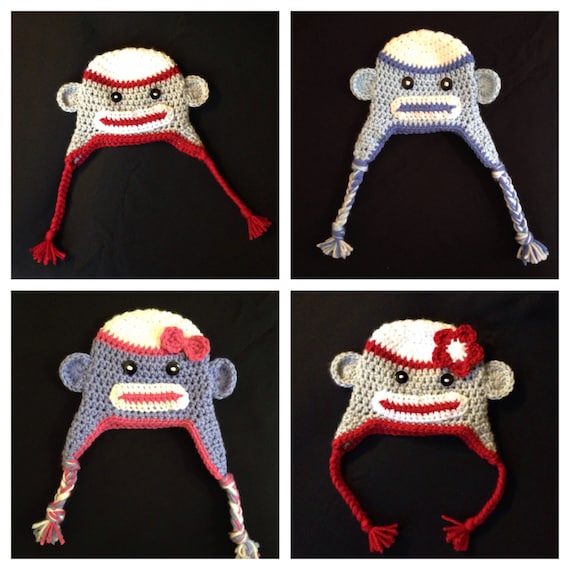 Crochet Sock Monkey beanie earflap hat Sizes Preemie Adult