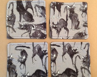 Fabric Halloween coasters, quilted, Black Cats, set of 4
