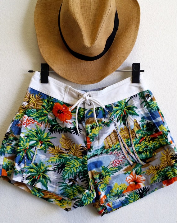 Vintage Womens Hawaiian Board Shorts Skater Beach Boho Retro