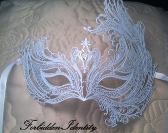 White Masquerade Mask/ Laser cut with white rhinestones Venetian Masquerade Mask Phantom of the Opera. BF003WH