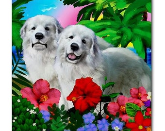 GREAT PYRENEES DOGS Tropical Beach Art Ceramic Tile Coaster