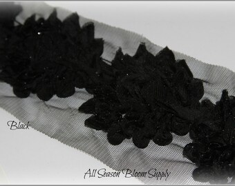 New Design! Shabby rose trim, Black color, Shabby flower, Shabby trim, Chiffon flower, Shabby chic.