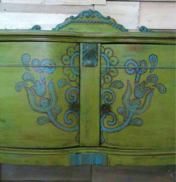 Items similar to Chalk Paint Folk Art Vintage Buffet In Green And ...