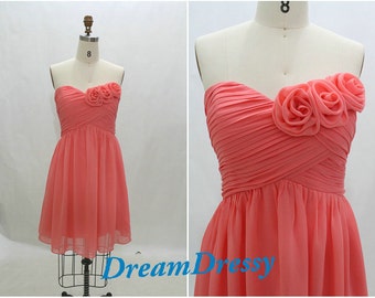 Cheap handmade coral bridesmaid dress, short chiffon ruched bridesmaid ...