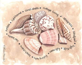 Beach seascape watercolor colored pencil illustration art