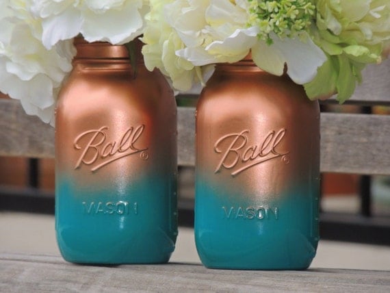 Turquoise and copper ombre painted mason, wedding mason jars, home decor, medium mason jars, mason vase, jade jars, teal mason jars