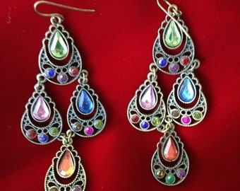 Vintage Filigree and and Multicolored Rhinestone Dangle Earrings