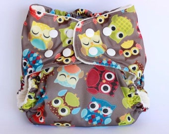 Premium Bamboo Velour AIO Pocket Cloth Diaper.  Organic and Eco Friendly. Argyle Owls Print.  Eco- PUL.