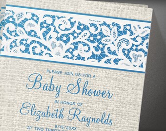 blue rustic burlap baby shower invites