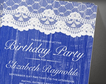 Blue Rustic Lace Birthday Party invites