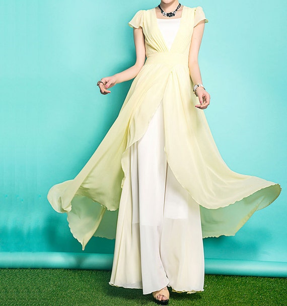 Summer Light Yellow Chiffon Maxi Dress Wedding Short Sleeve Full ...