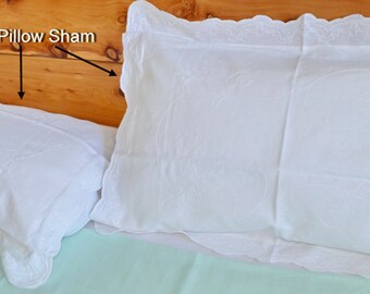 Vintage Hand Embroidered White Cotton Pillow Sham Pillow Case Hand Finished Scallop Edge Eyelet Shabby Chic