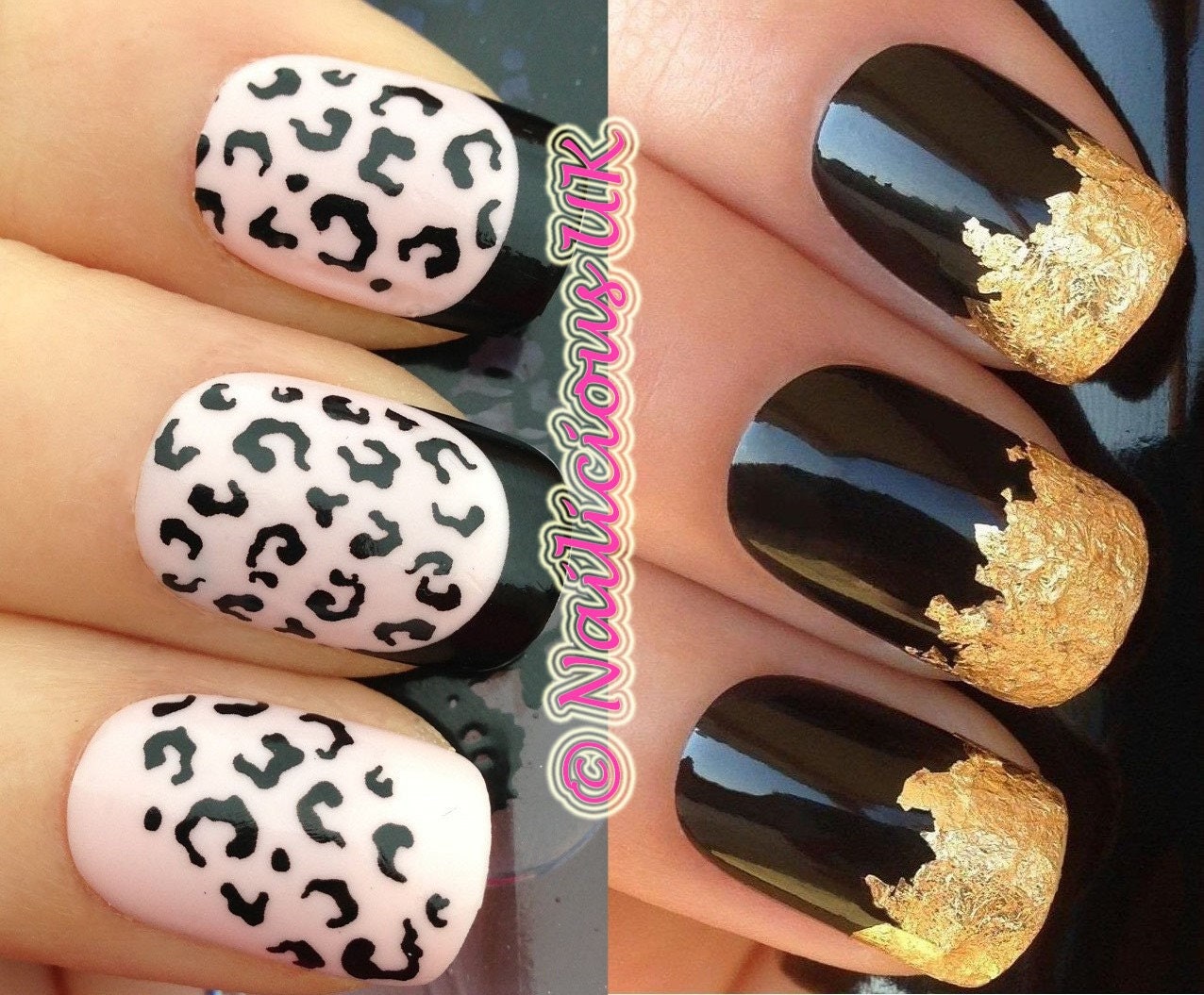 nail art set 228. black leopard animal print french tips