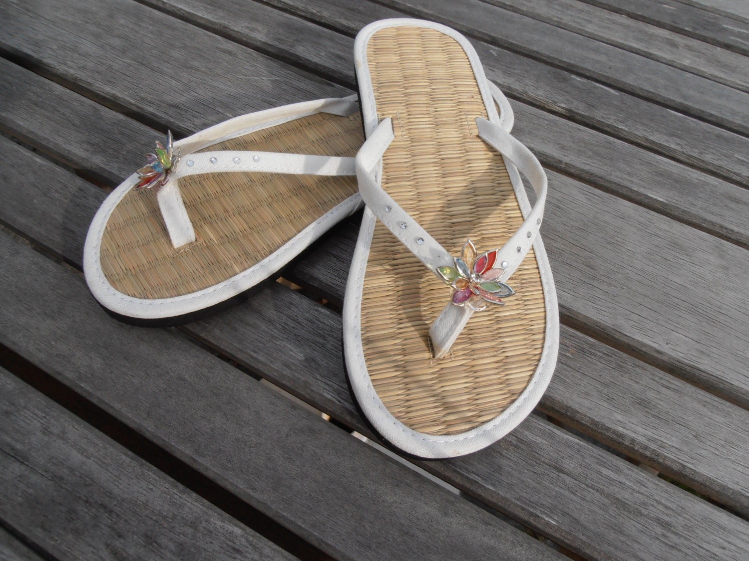 Hand Decorated Straw Flip Flops Ideal To Match A By Spryngkels