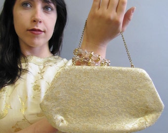 Floral Gold BROCADE, Vintage 1940's 1950's EVENING Clutch Bag, SHABBY Chic Purse