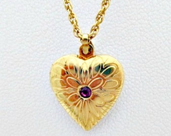 Heart Locket with Amethyst Crystal Vintage Pendant Necklace - 1980s ...